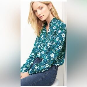 Y2K VTG Gap Floral Ruffled Collar V-Neck Blouse in Teal Women’s Lg fits Med